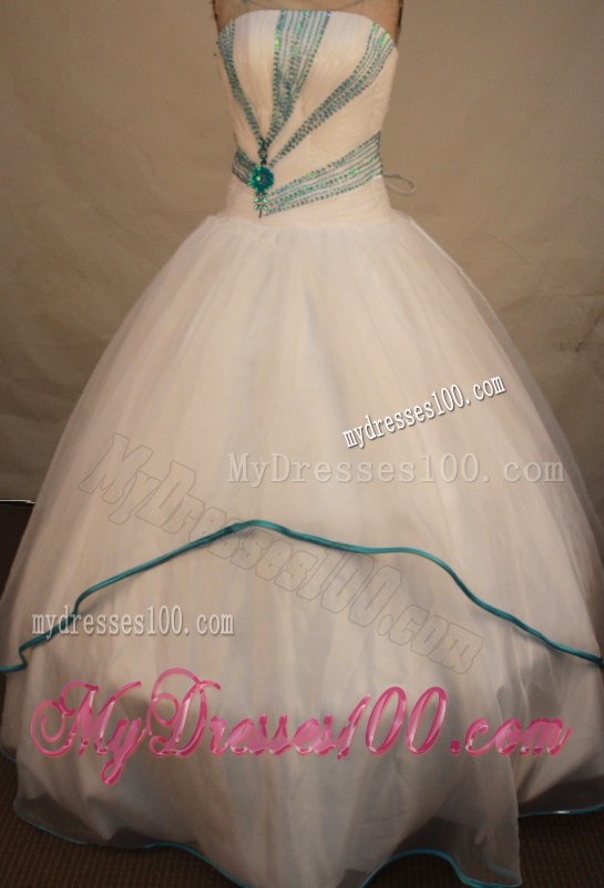 White Beaded Ball Gown Quinceanera Dresses with Aqua Blue Decoration